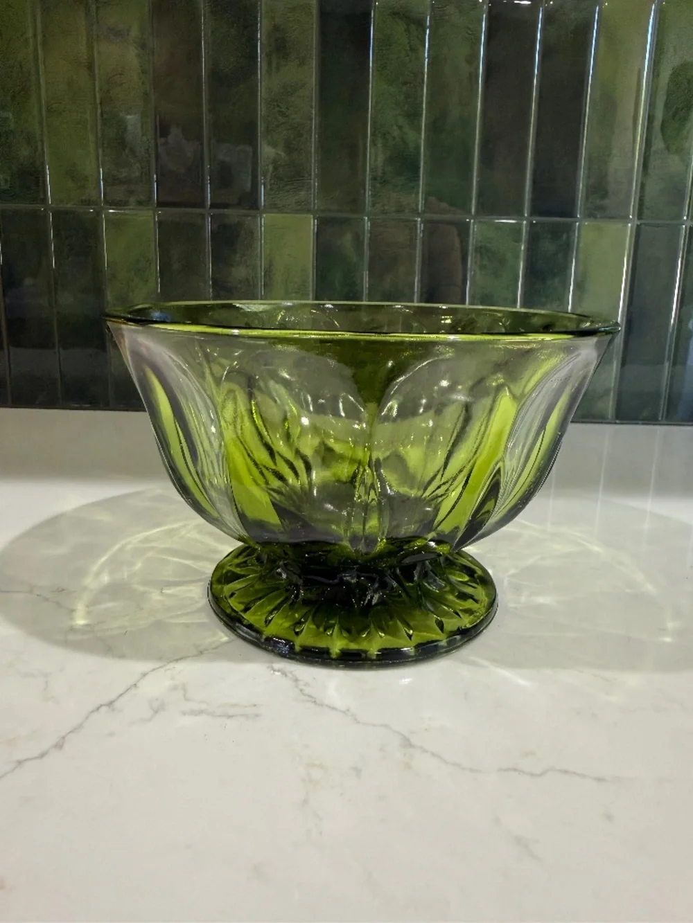 Vtg Anchor Hocking Avocado Green Footed Compote Bowl